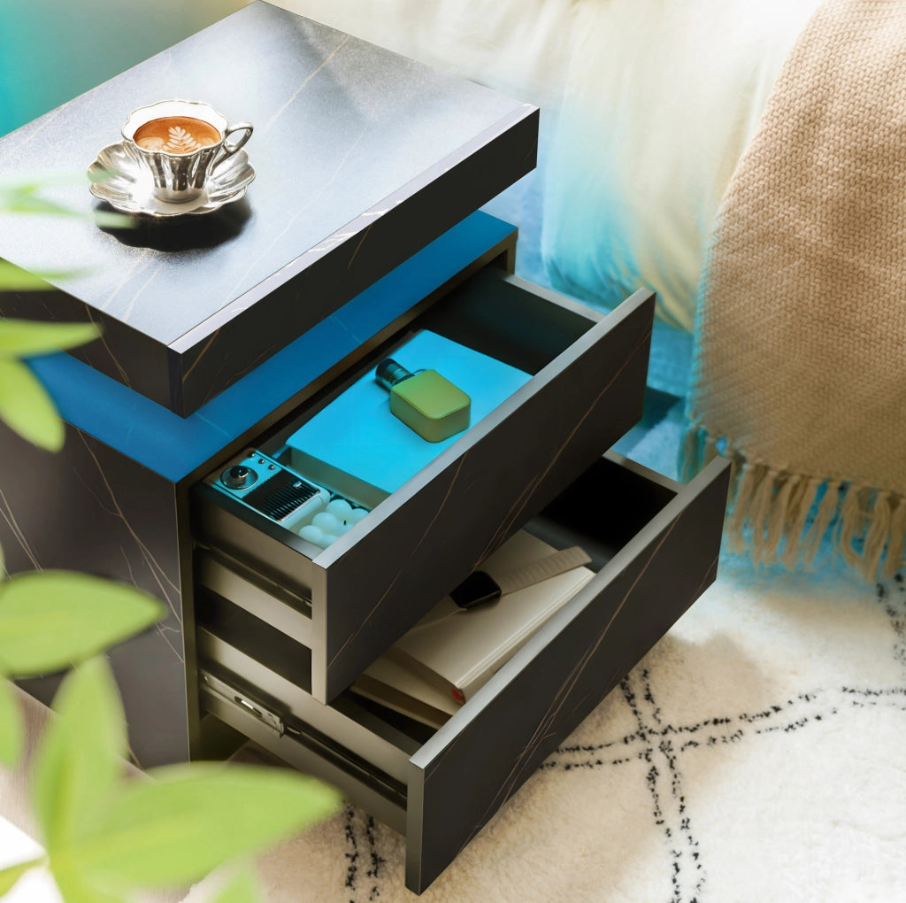 Comodino con luci LED regolabili e 2 cassetti, design moderno nero e oro per camera da letto
