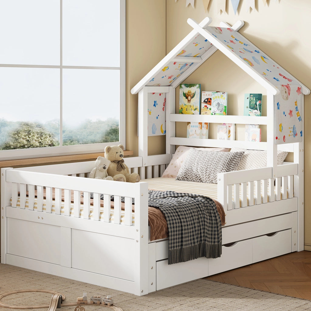 Letto Casetta 140 x 200 cm, Letto Singolo, Estraibile, 3 Cassetti e Sponde - Bianco