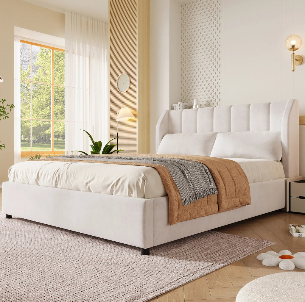 Letto a piattaforma imbottito 140x200 cm in velluto francese beige con rete a doghe
