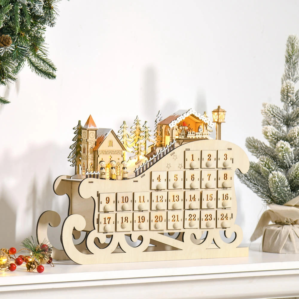 Calendario dell'Avvento in legno a forma di slitta con 10 LED bianco caldo e 24 cassetti, decorazione natalizia per casa