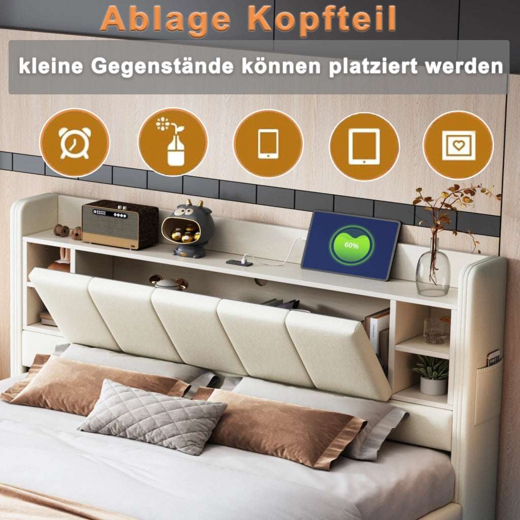 Letto matrimoniale imbottito 140 × 200 cm con USB e LED testiera contenitore in lino beige struttura in metallo