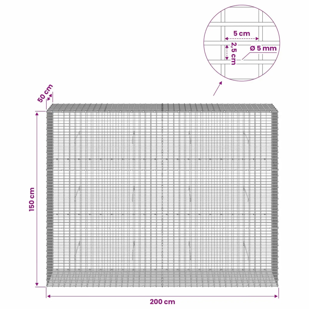 Gabione con Filo da 5 mm e Rete da 5x2,5 cm 200x50x150 cm 3463798