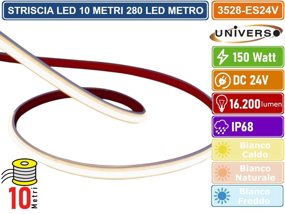 UNIVERSO 3528-ES24V STRISCIA LED SMD 2025 M0NOCOLORE 280 LED/METRO DC 24V SUBACQUEA IP68 BOBINA 10 METRI - Colore Luce:Bianco Naturale
