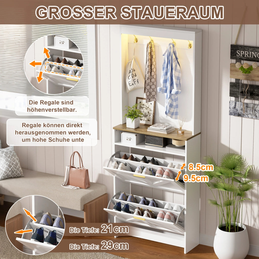 Scarpiera stretta con luce a LED, 2 vani a ribalta e ganci, bianca e naturale
