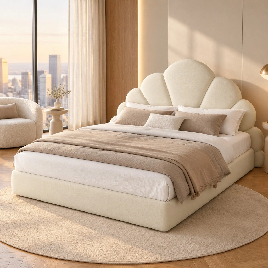 Letto imbottito 140x200 beige in velluto con testiera floreale e materasso