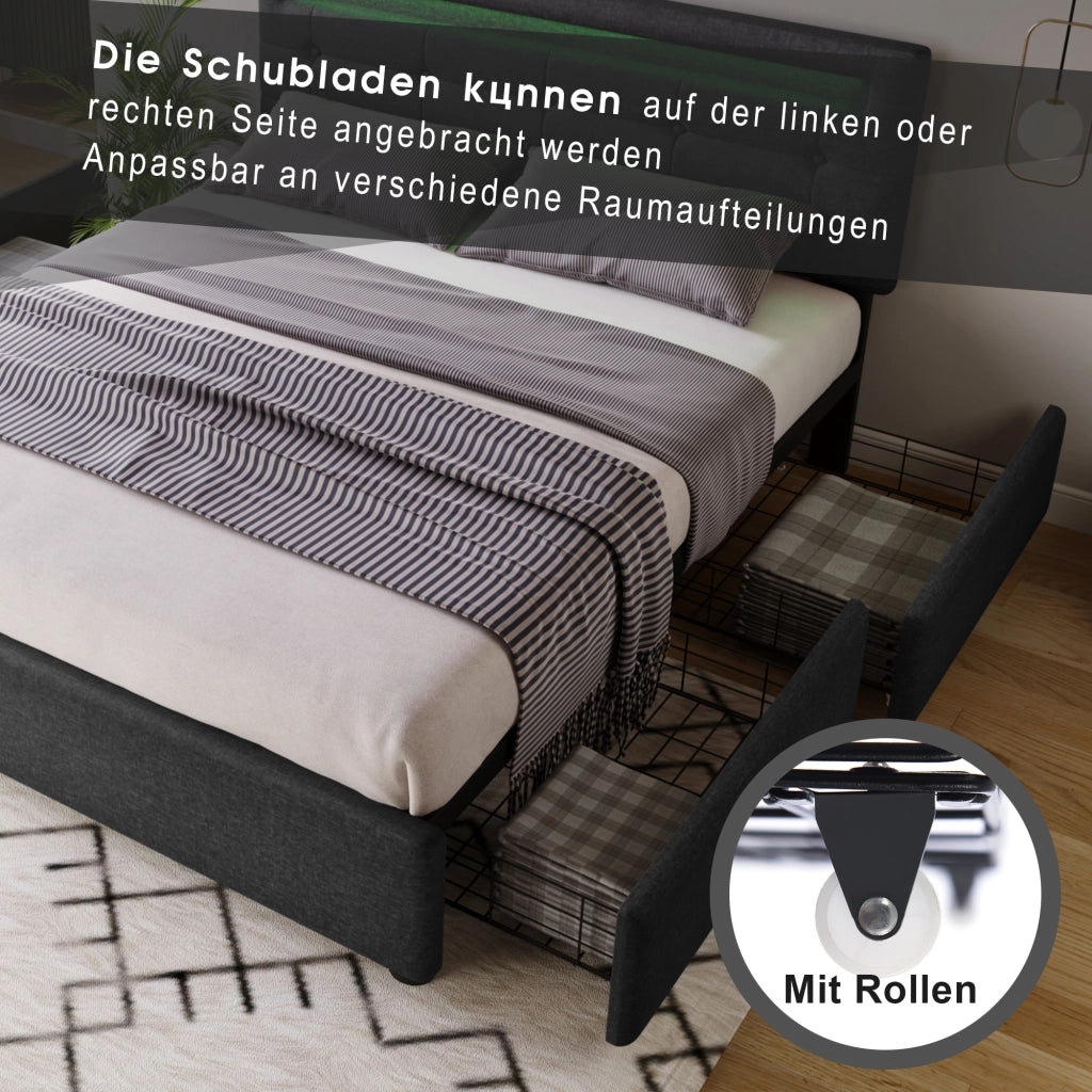 Letto matrimoniale 140 × 200 cm con LED e 4 cassetti in lino grigio testiera regolabile rete a doghe