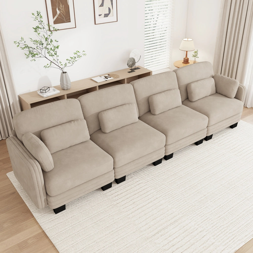 Divano modulare 330x88x88 cm con cuscini lombari e per braccioli in ciniglia color caffè chiaro