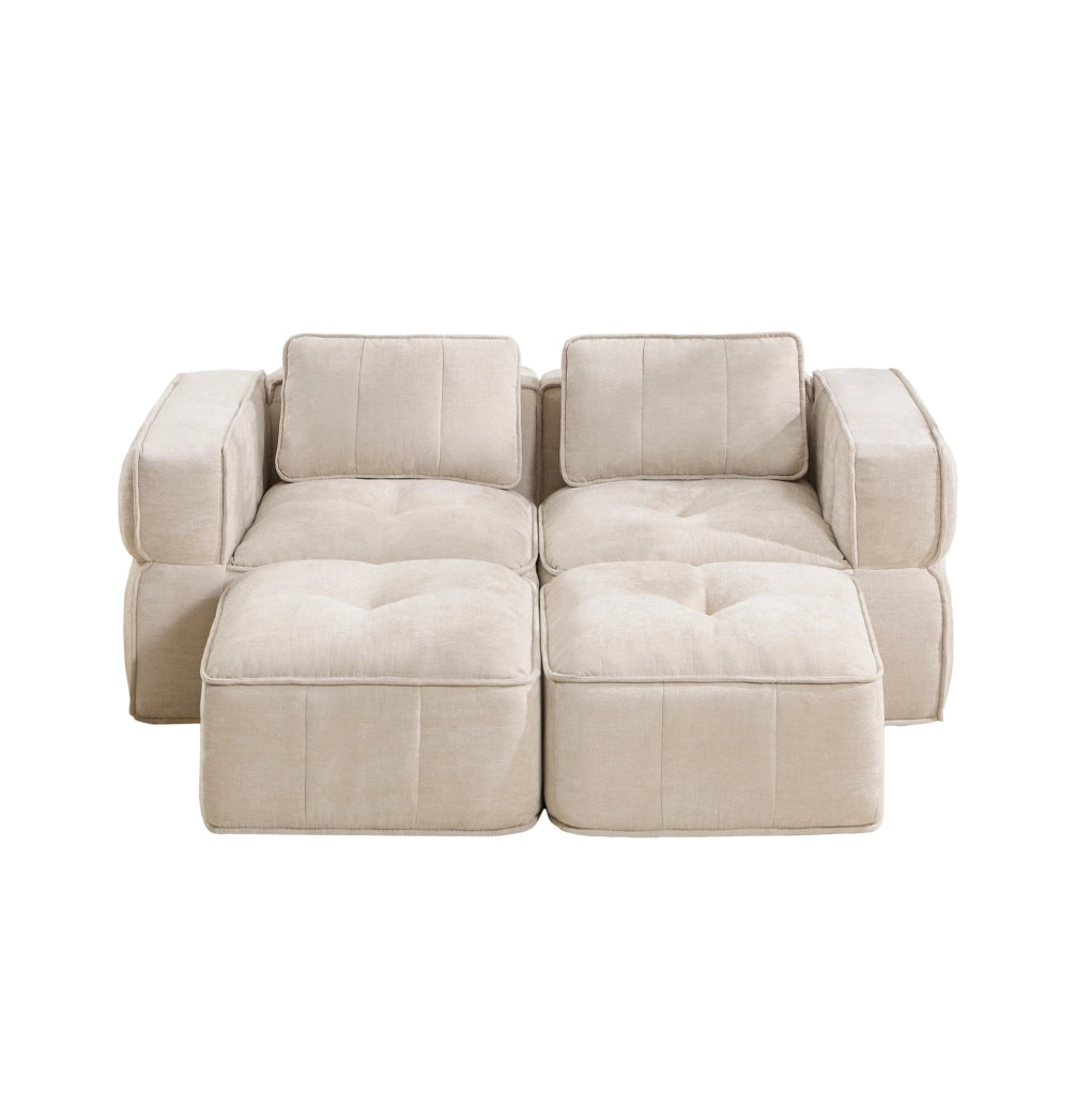 Divano modulare beige in poliestere con pouf