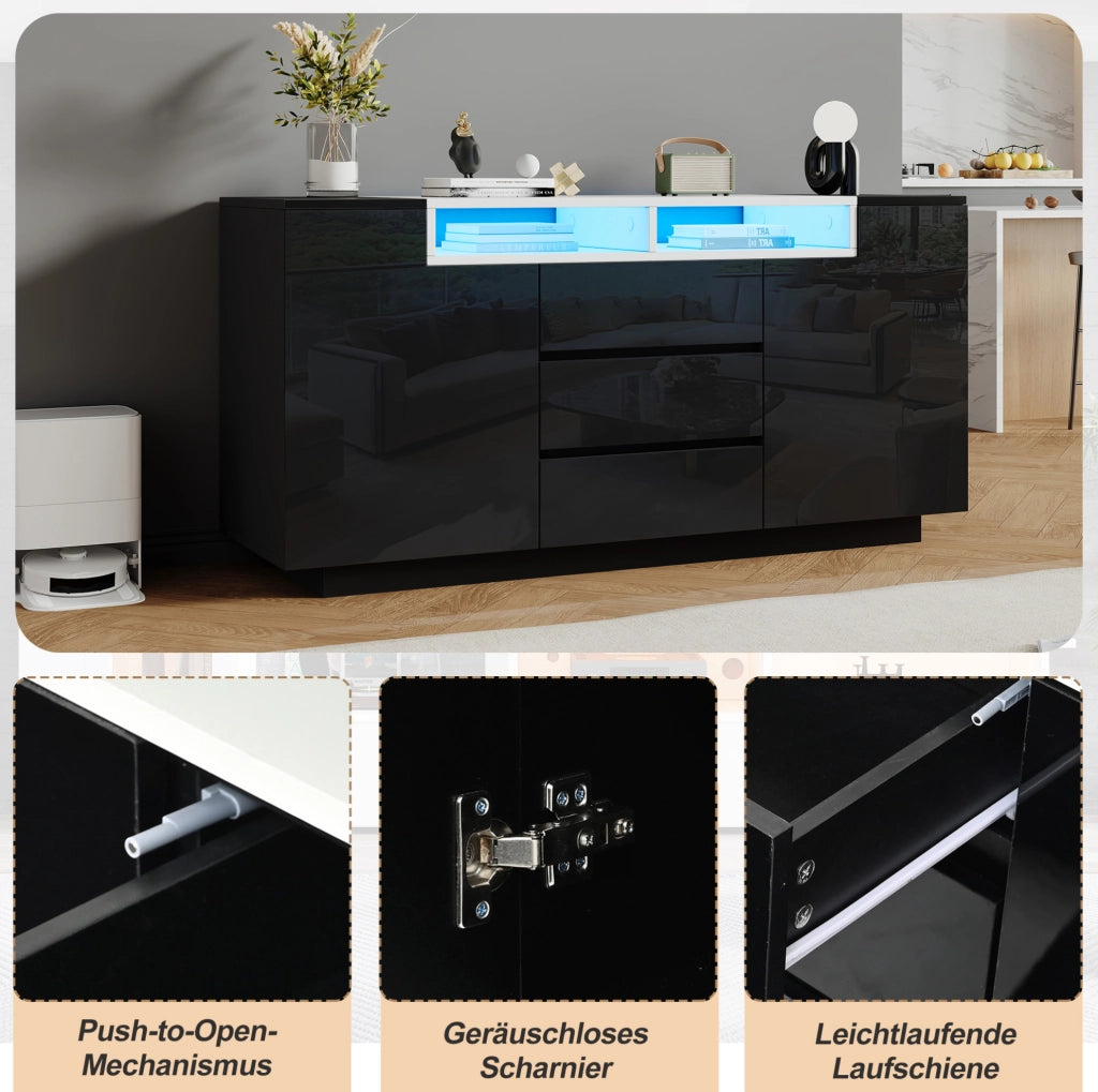 Credenza nera lucida 140 x 40 x 68 cm con cassetti e luci LED