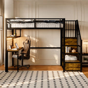 Letto a soppalco 90x200 cm con scrivania, LED e prese in MDF e metallo nero