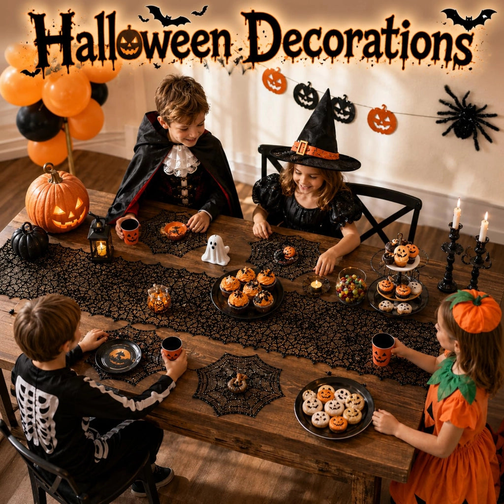 Set per la decorazione della tavola a tema Halloween: tovaglia, tovagliette e adesivi a forma di pipistrelli