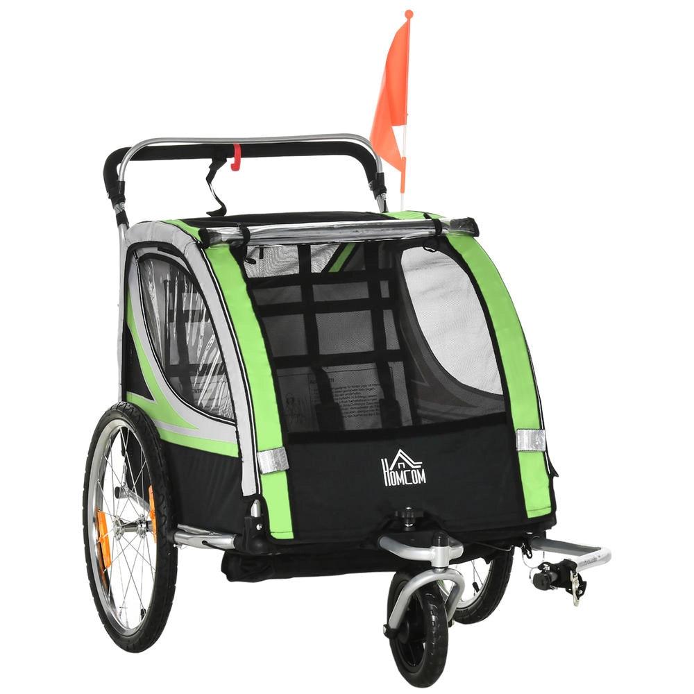 Rimorchio Bici e Passeggino per Bambini 2 in 1 con Cintura e Bandierina Verde Robusto e Facile da Usare