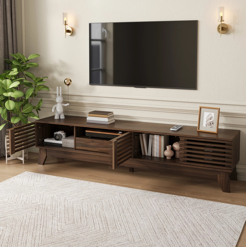 Mobile TV basso 170 cm in MDF noce con cassetto e vani