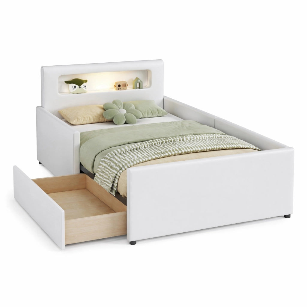 Letto singolo per bambini imbottito 90 × 200 cm con luce notturna USB cassetti e sponde rialzate bianco
