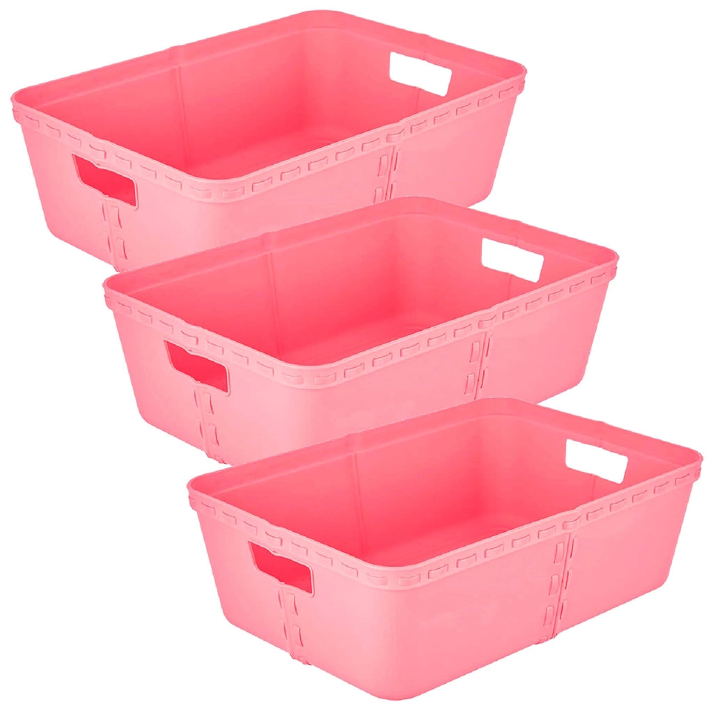 Set di 3 cesti portaoggetti, in plastica, color rosa, dimensioni 35x24x11 cm