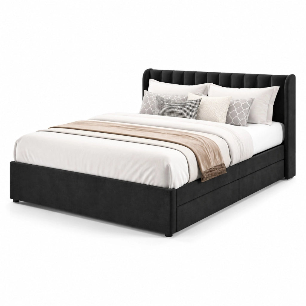 Letto imbottito 180x200 cm in velluto nero con rete a doghe e 2 cassetti