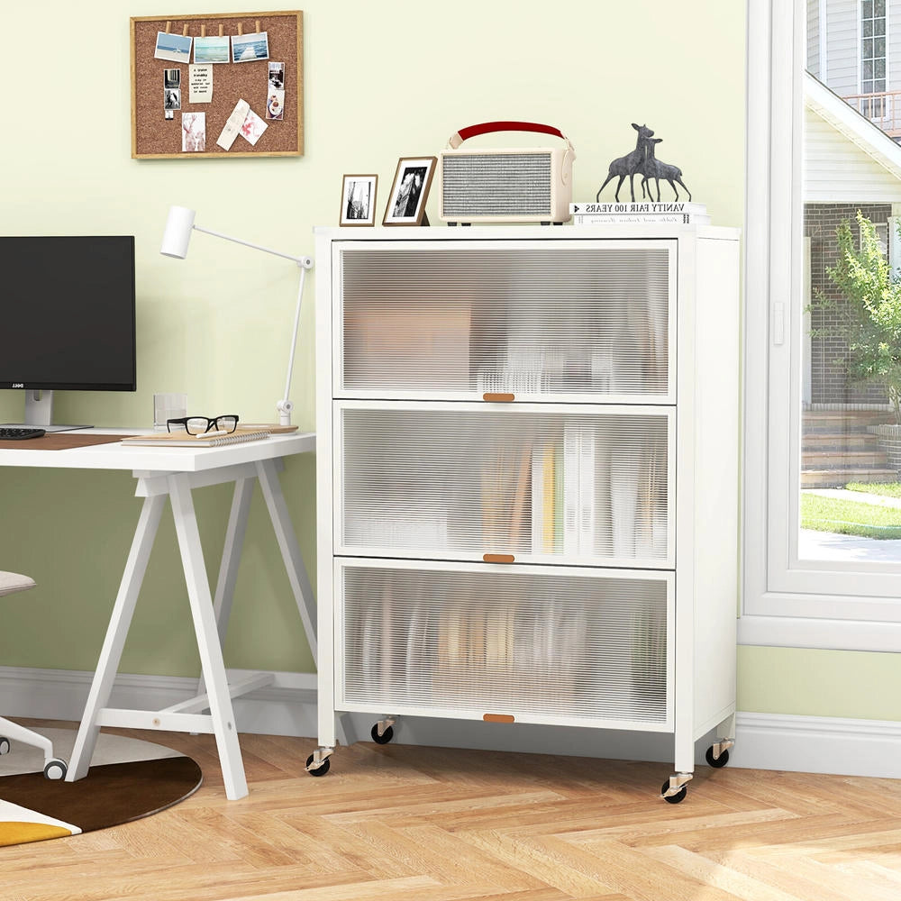 Scaffale da cucina a 4 ripiani con ante a ribalta, mobile credenza in metallo con ruote, salvaspazio per casa, bianco
