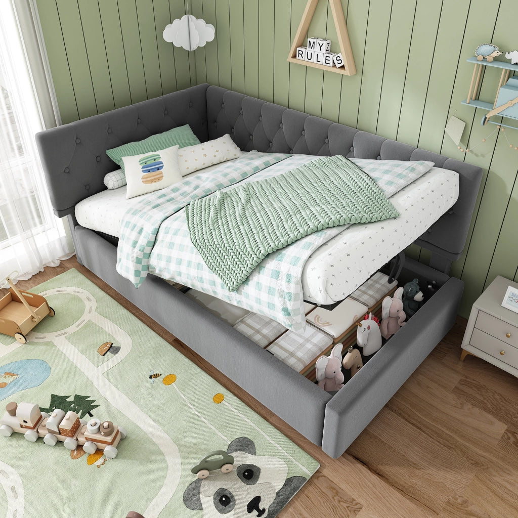 Letto singolo imbottito 90 × 200 cm con vano contenitore idraulico rete a doghe in legno velluto grigio