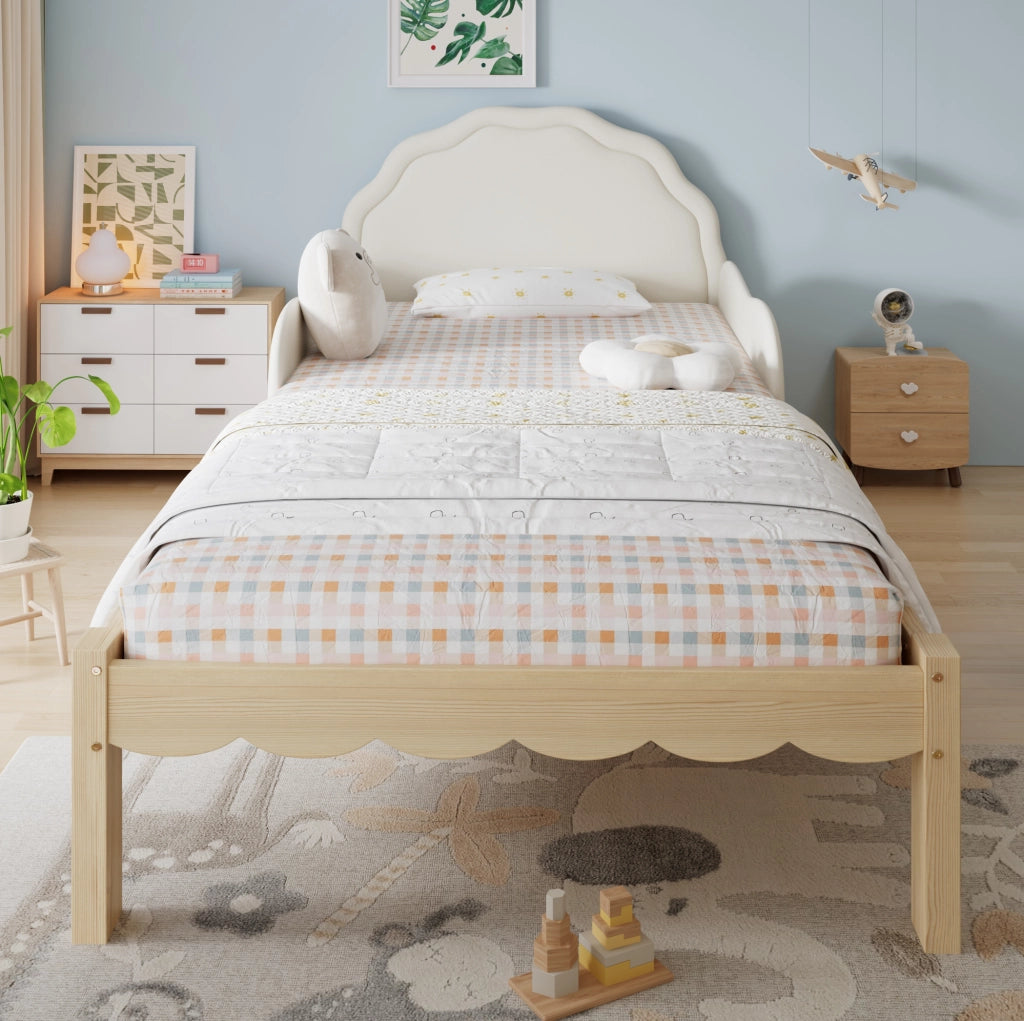 Letto singolo per bambini 90x200 cm con sponde e testiera in PU; beige