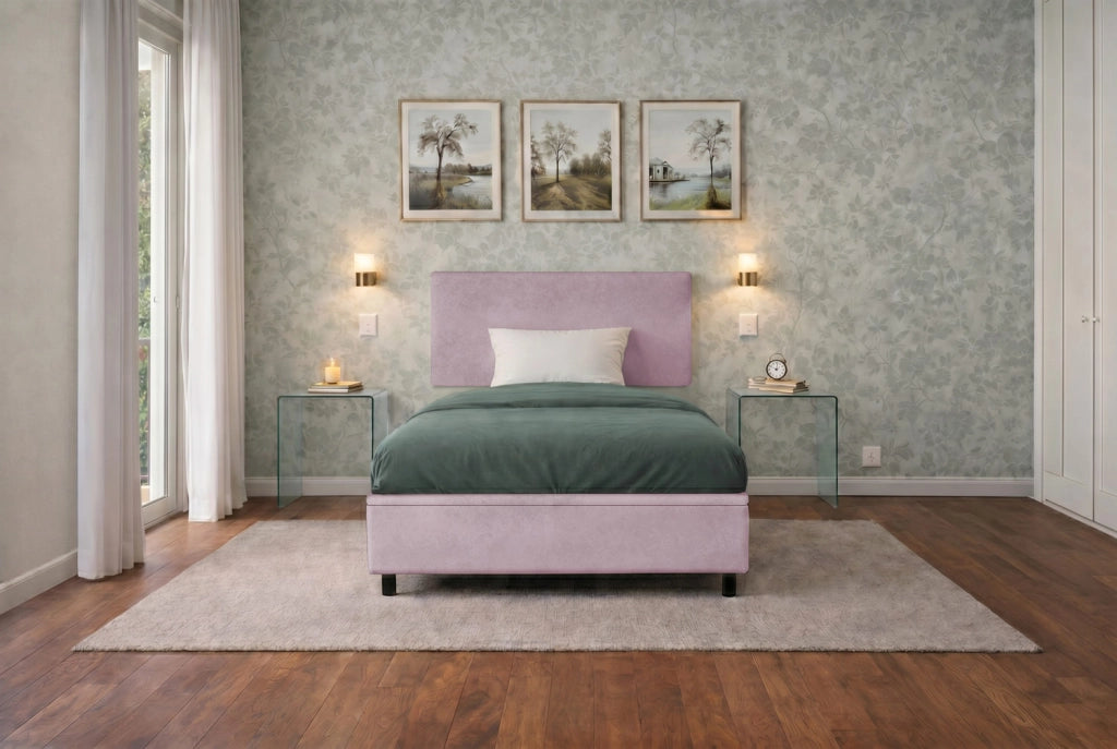 Letto Singolo Contenitore Imbottito 80x190 cm Microfibra Glicine BoxMax Testata Flat