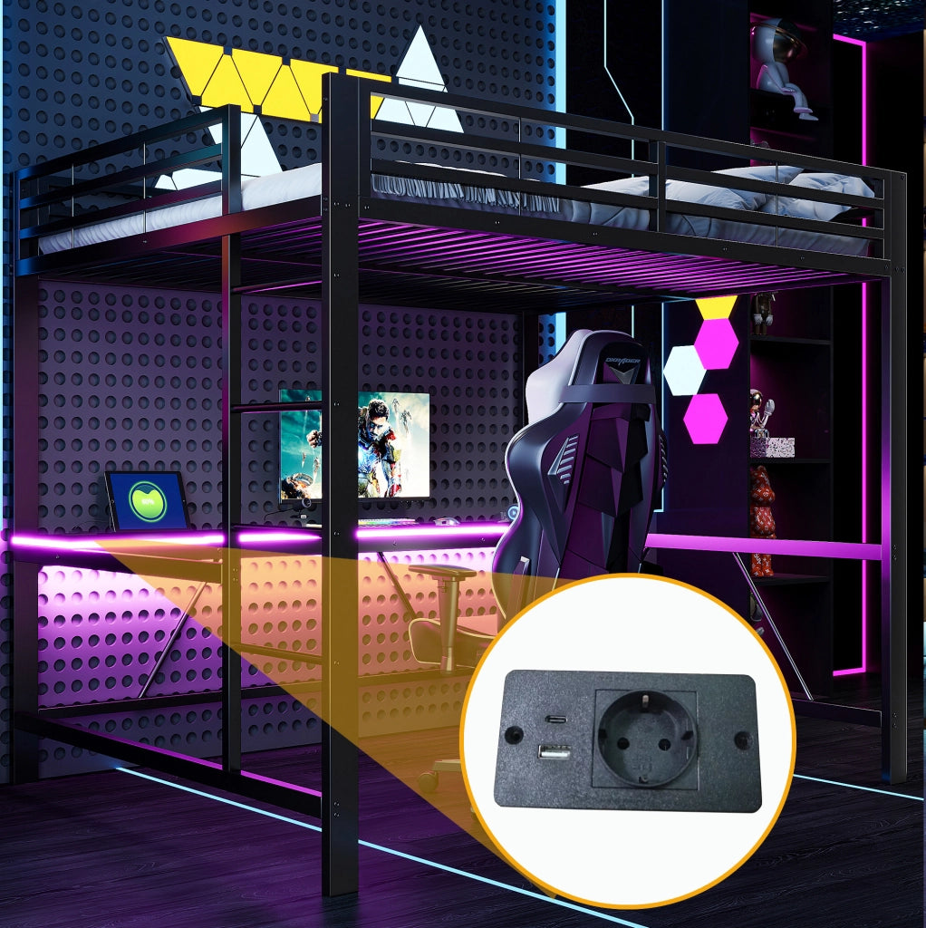 Letto a castello gaming 160x200 in metallo nero con scrivania, illuminazione LED e presa USB