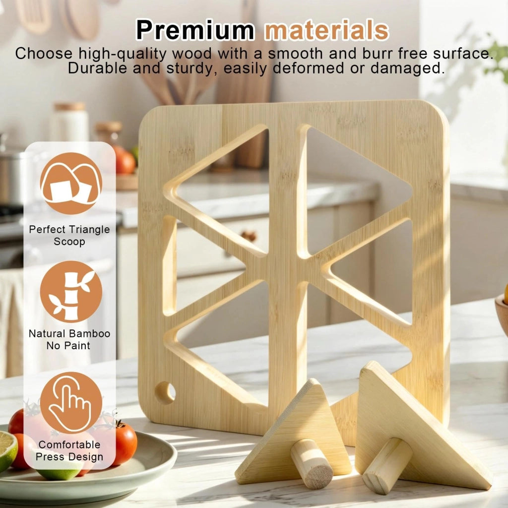 Forma triangolare per riso, realizzata in legno, con 2 piastre di pressatura e 6 scomparti