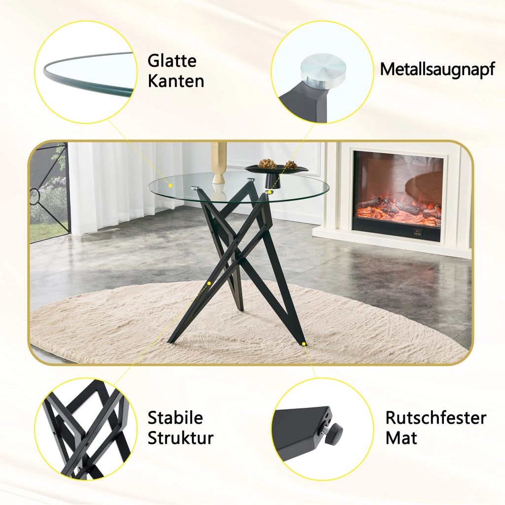 Tavolino da salotto rotondo 85 cm altezza 75,7 cm in vetro temperato e metallo nero con base geometrica