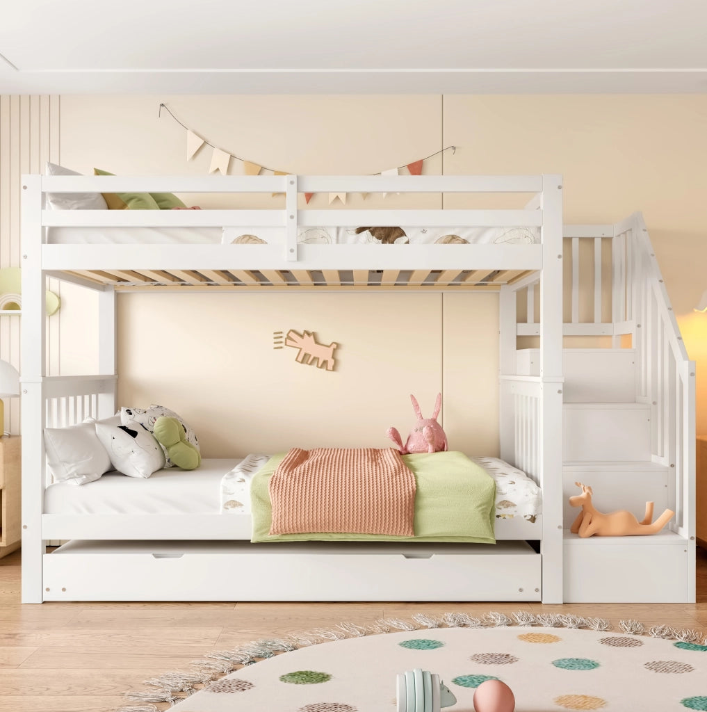 Letto a castello 90x200 cm con letto estraibile e scala bianco
