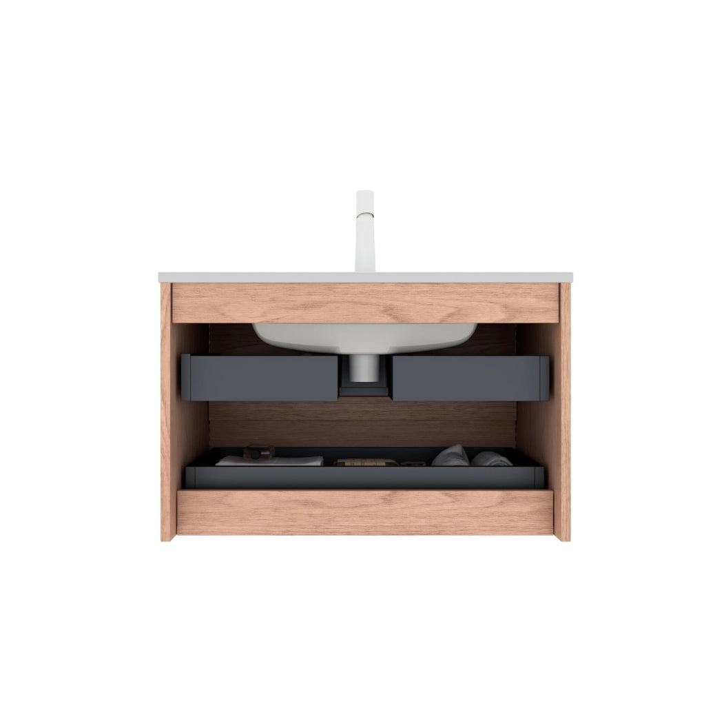 Mobile bagno da parete 81 cm con lavabo in ceramica bianca e armadietto in compensato effetto noce con 2 cassetti soft-close