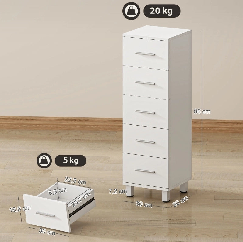 Mobile bagno bianco compatto con 5 cassetti, 30 x 30 x 95 cm