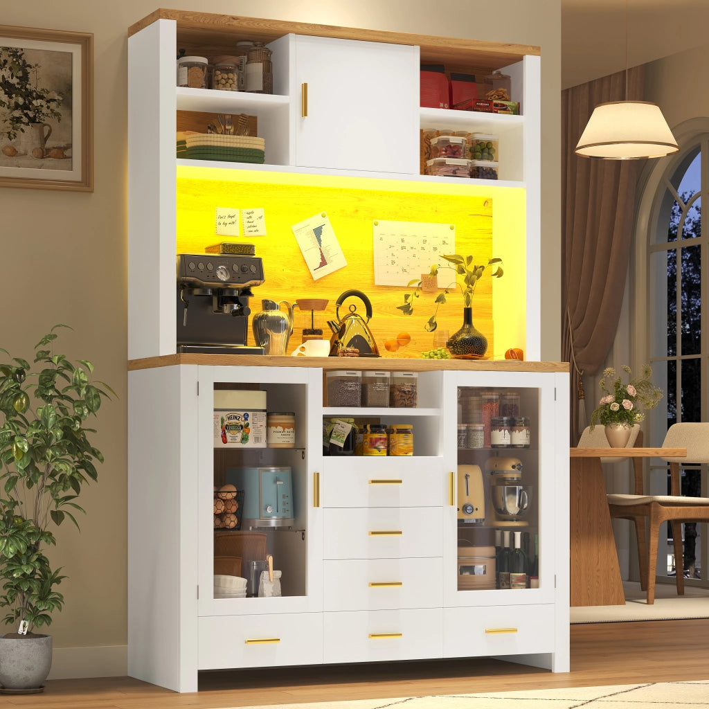 Credenza con illuminazione LED controllabile tramite app in MDF e vetro bianca effetto legno con sistema antiribaltamento