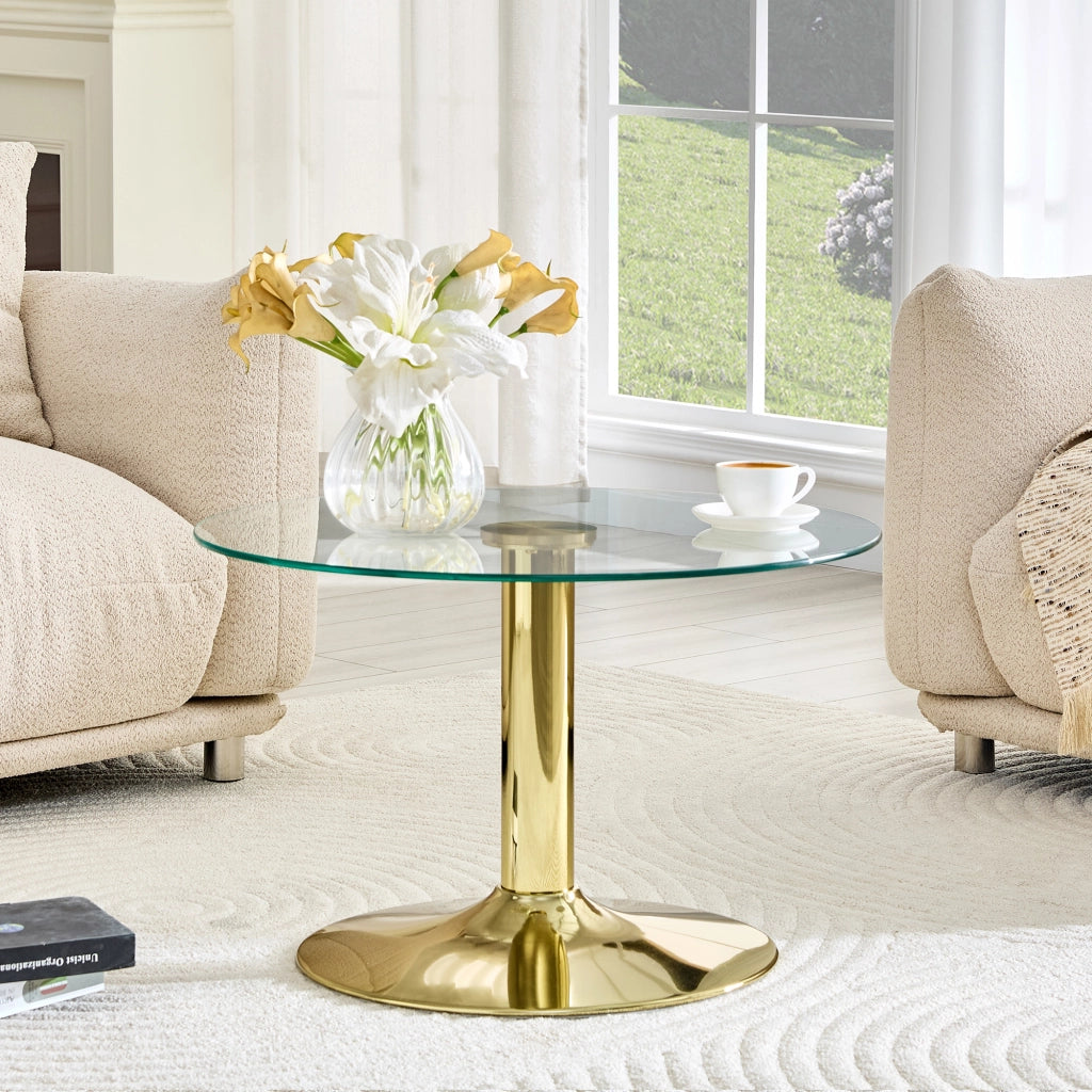 Tavolino da salotto rotondo diametro 70 cm altezza 45 cm in vetro temperato e metallo oro con base stabile moderno