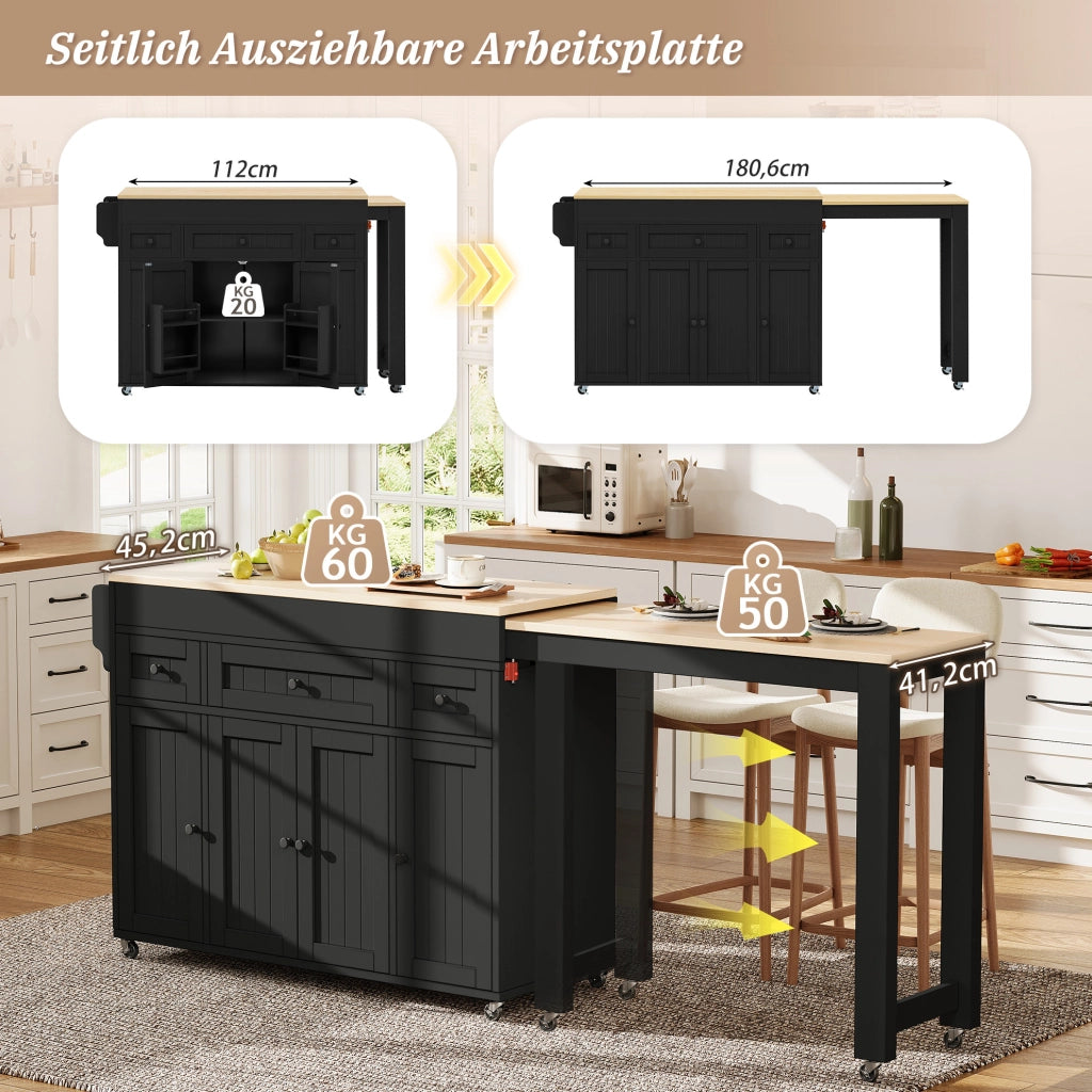 Isola da cucina mobile allungabile con 3 cassetti, nero e naturale