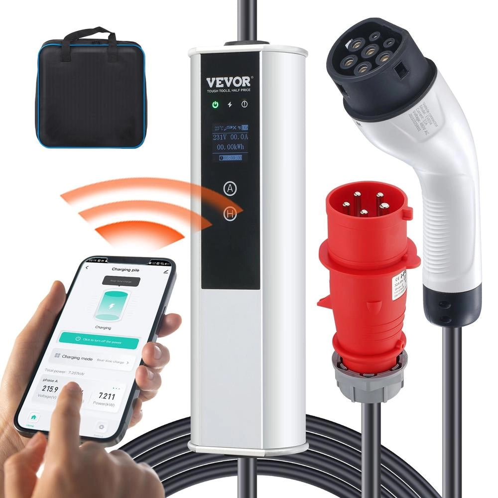 Caricabatterie EV Portatile Tipo 2 32A 22kW Cavo 7,5m IP66 con Schermo LCD e Controllo APP per Auto Elettrica