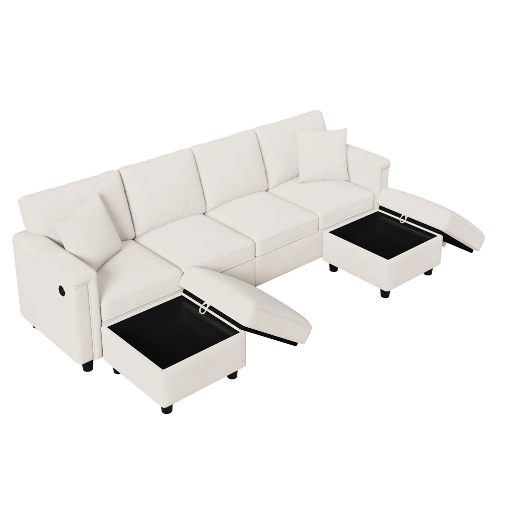 Divano modulare in ciniglia beige 261 × 134 × 82 cm con 2 pouf contenitore