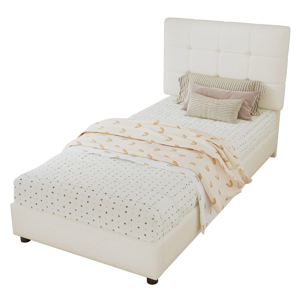 Letto singolo imbottito per bambini 90x200 cm con testiera a biscotto, beige