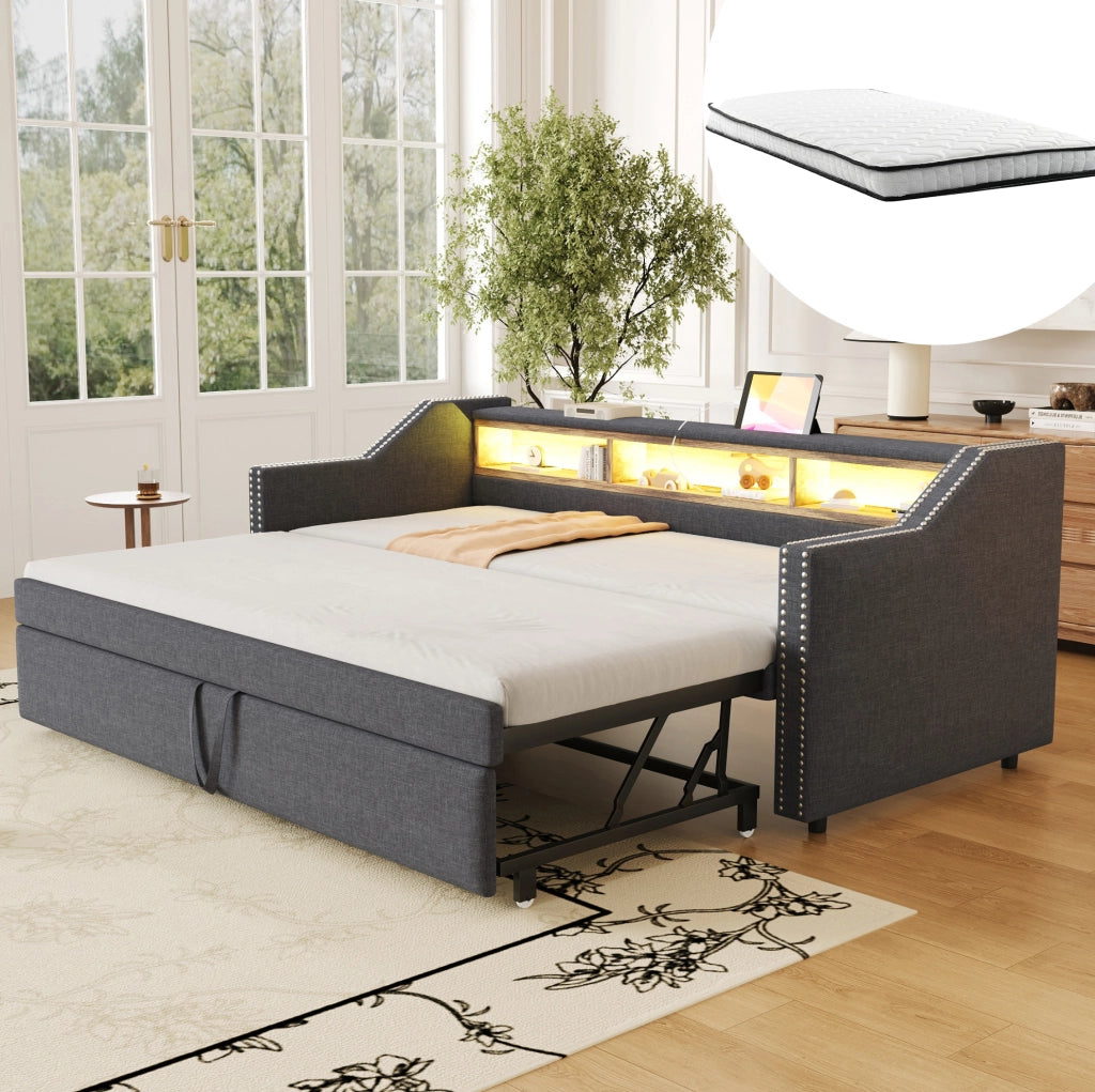 Divano Letto Salvaspazio con Contenitore, LED e Porta USB, 90/180 x 190 cm, Grigio Scuro, con Due Materassi a Molle