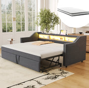 Divano Letto Salvaspazio con Contenitore, LED e Porta USB, 90/180 x 190 cm, Grigio Scuro, con Due Materassi a Molle
