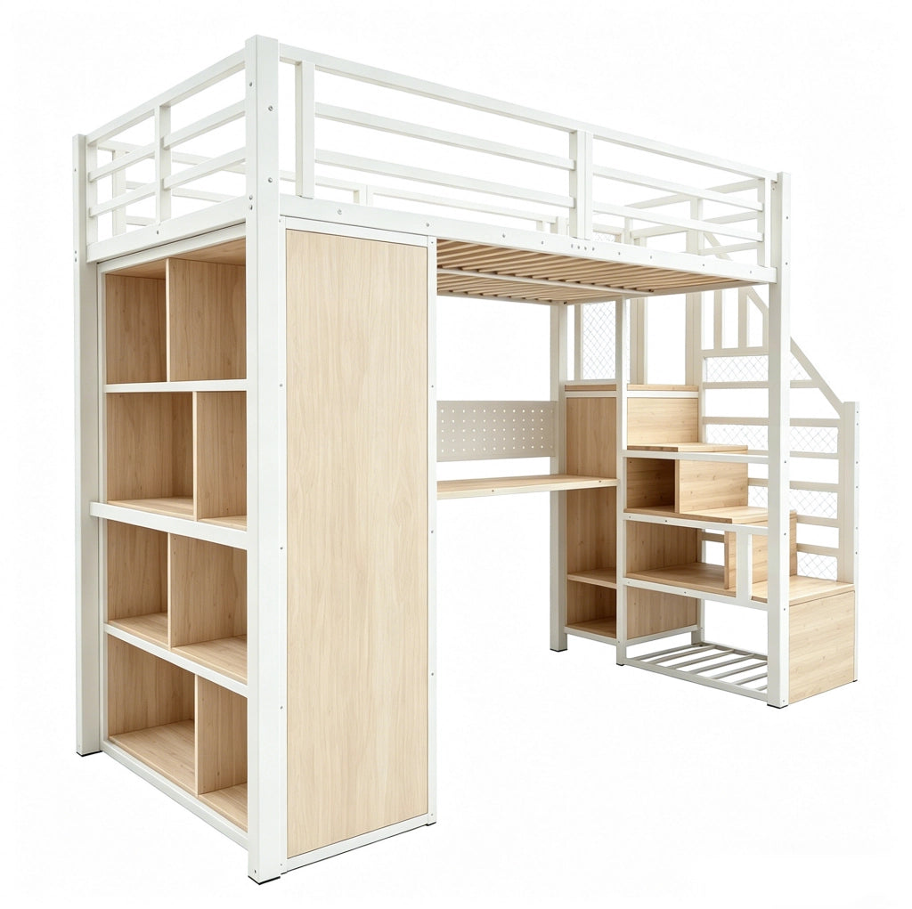 Letto a soppalco in metallo 90x200 cm con armadio, scrivania e scaletta, bianco