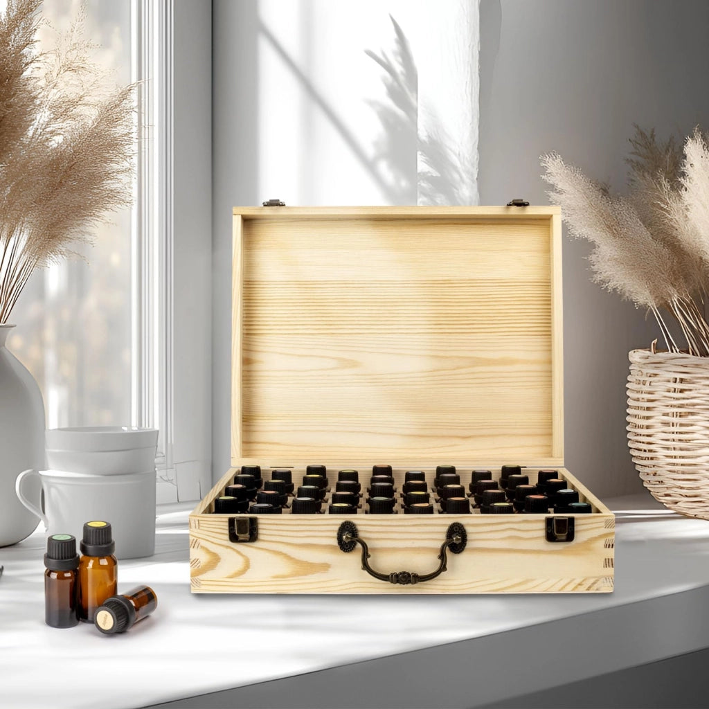 Organizzatore in legno per 80 flaconi di oli essenziali, dimensioni 35,5 x 28 x 9,5 cm