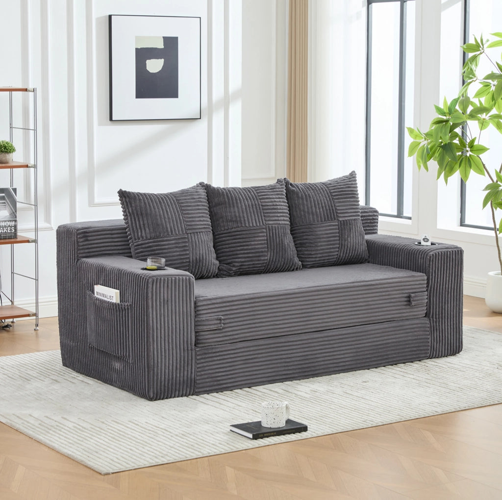 Divano modulare da terra grigio in velluto a coste, 172 x 87 x 64 cm