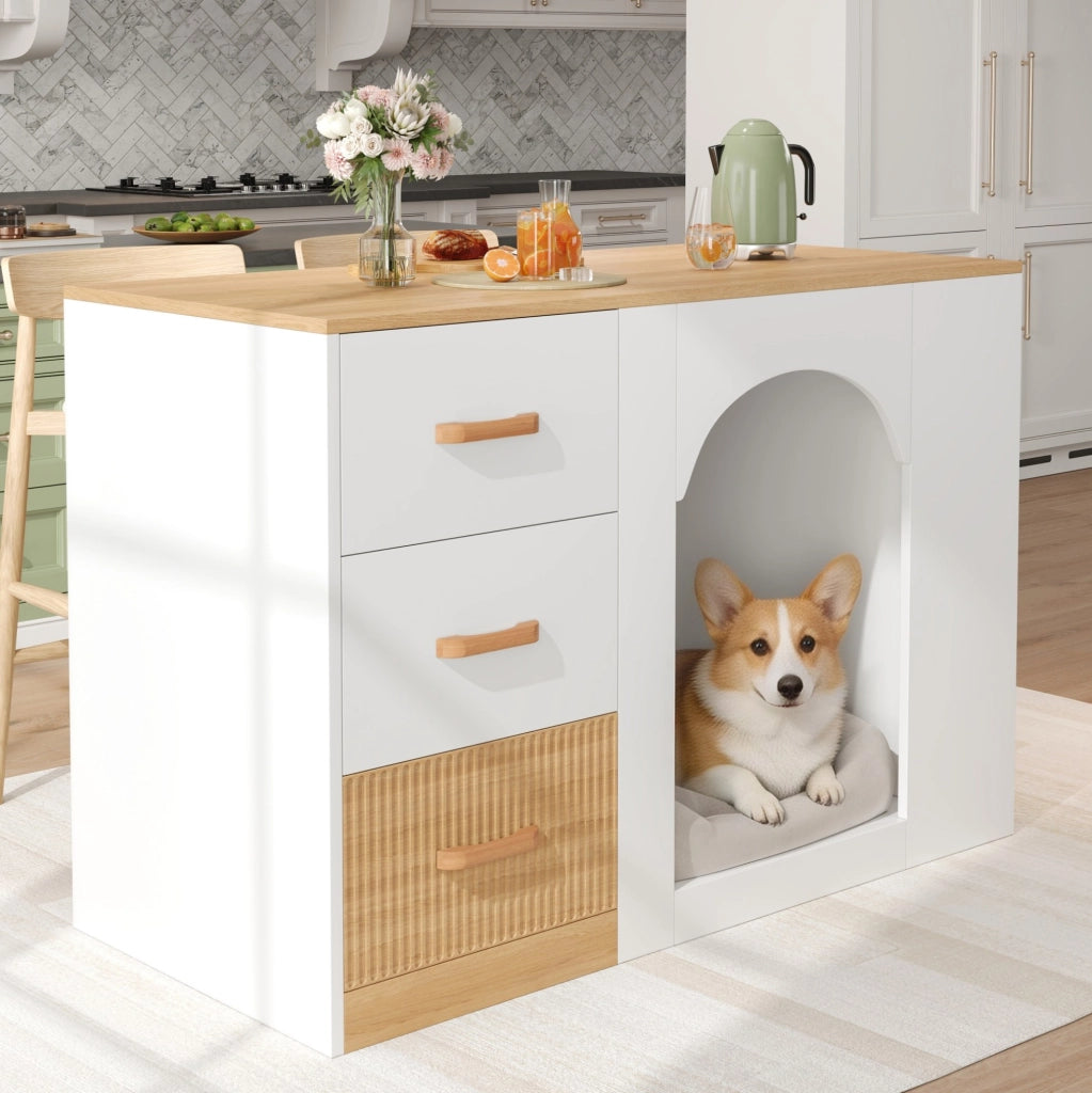 Isola da cucina con 3 cassetti e spazio per animali, bianca, 120 x 60 x 90 cm