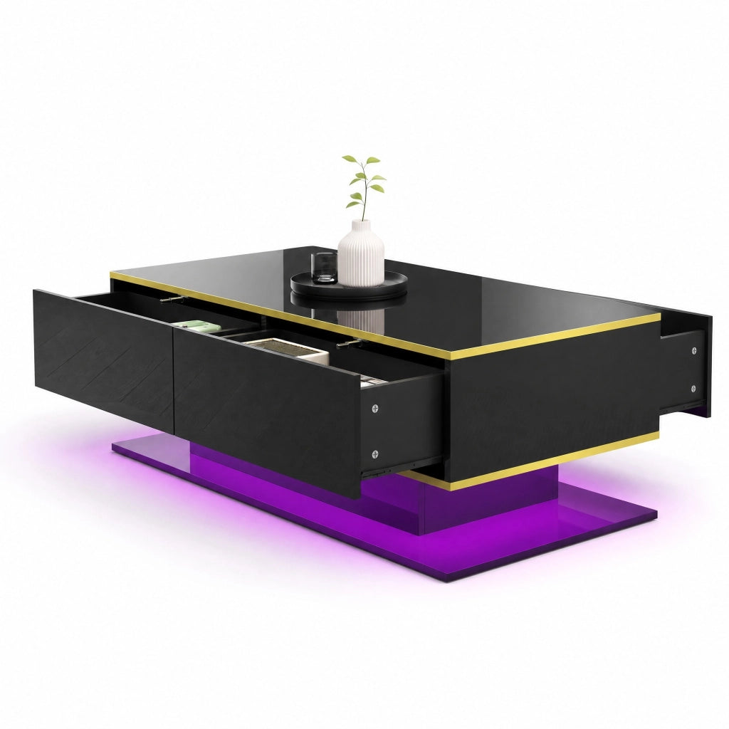 Tavolino da caffè LED 100x50x40 cm nero e oro con 3 cassetti