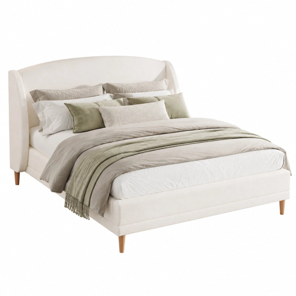 Letto matrimoniale 140×190 cm in tessuto bouclé con testiera a orecchie e sommier a doghe, piedi in legno di hevea, bianco avorio