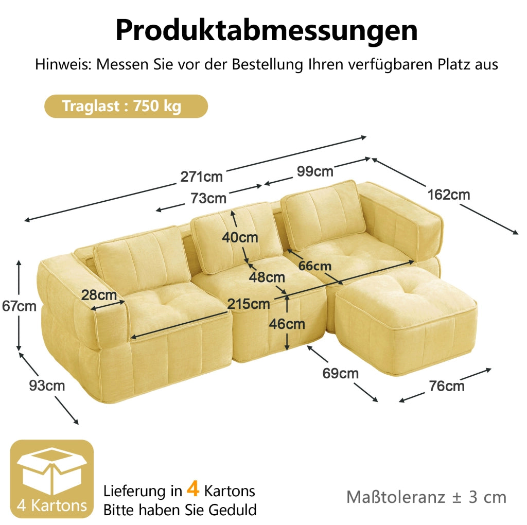 Divano modulare senza telaio giallo con pouf, 271 × 162 × 67 cm