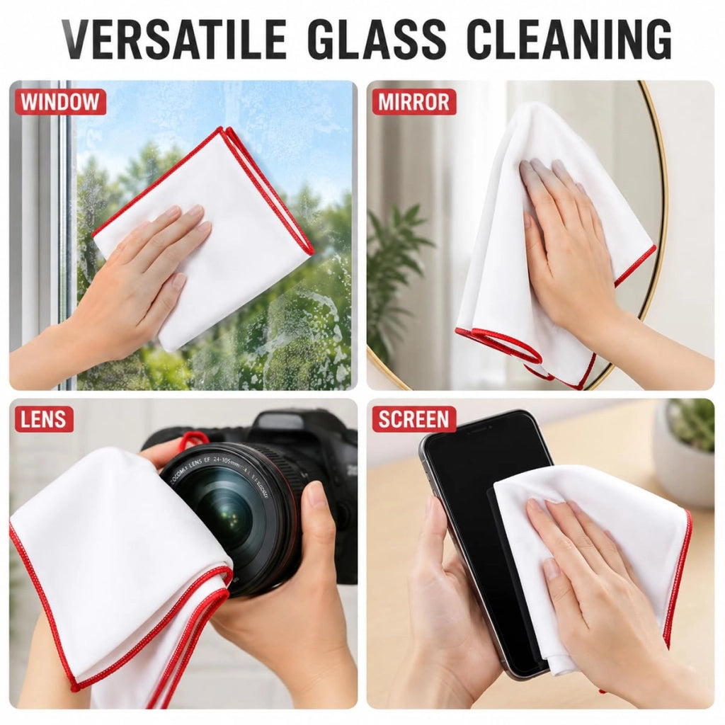 Set di 3 panni per la lucidatura del vetro, dimensioni 60x42 cm, in microfibra, colore bianco/rosso