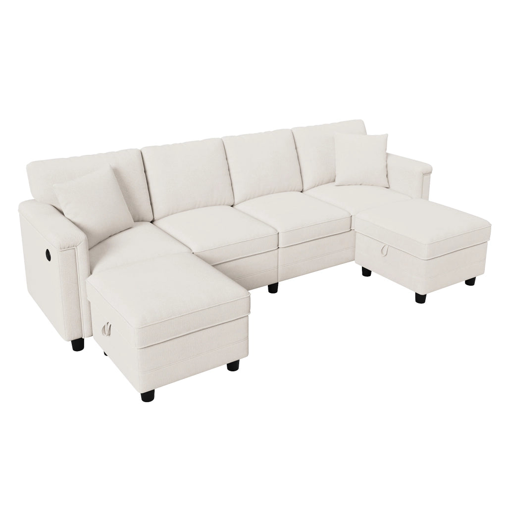 Divano modulare in ciniglia beige con 2 pouf contenitore e prese USB