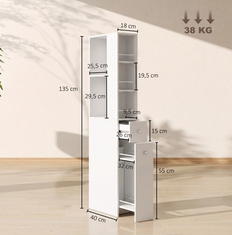 Mobile bagno alto compatto 135 cm in MDF laccato bianco con 2 cassetti, 2 mensole laterali e 3 scomparti
