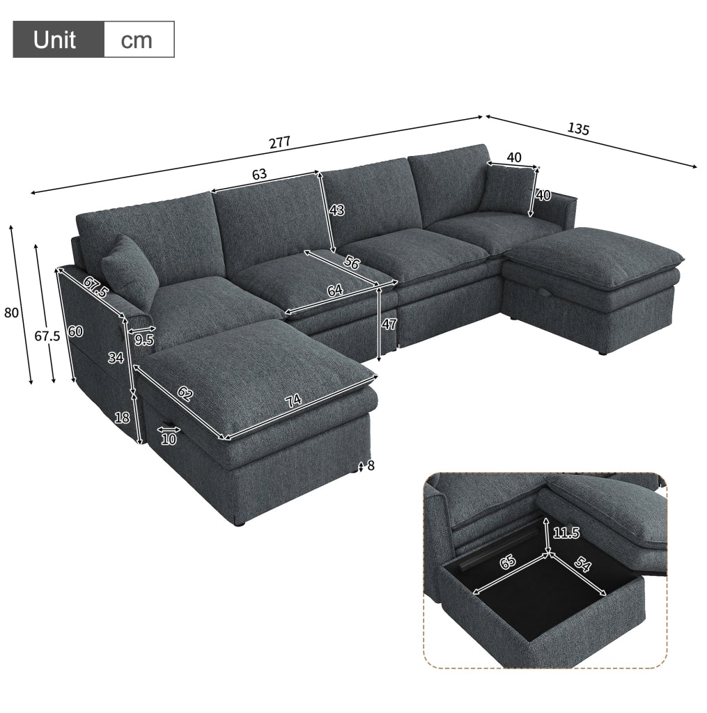 Divano modulare 6 posti grigio con 2 pouf contenitore, USB e Type-C