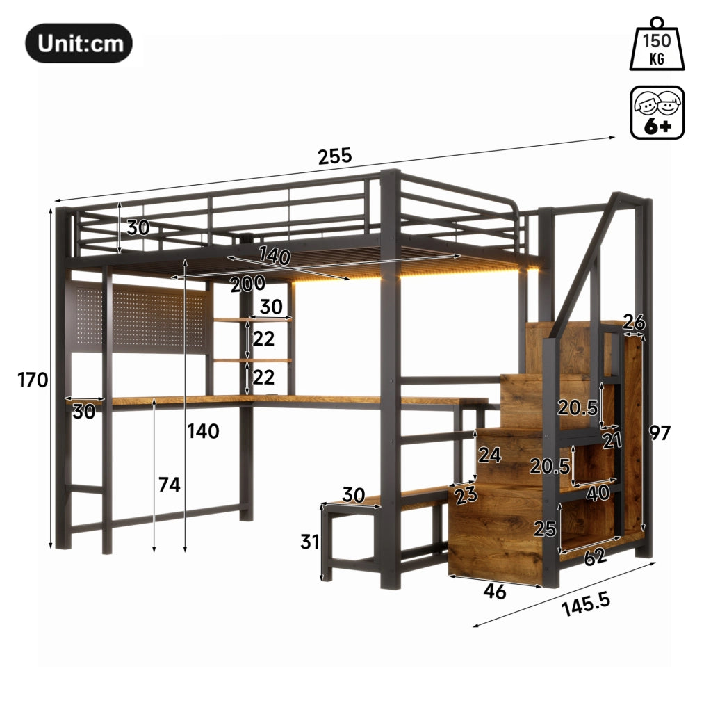 Letto a soppalco 140x200 cm con scrivania, illuminazione LED, USB e USB-C, struttura in metallo nera